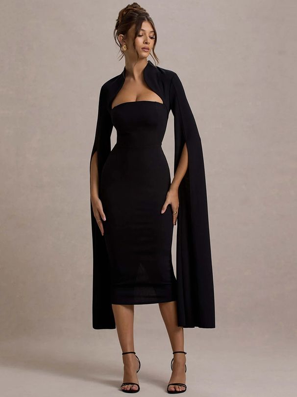 Mozision Cape Long Sleeve Sexy Midi Dress For Women Autumn Winter New Square Collar Back Slit Bodycon Club Party Long Dress_ecoleips.com
