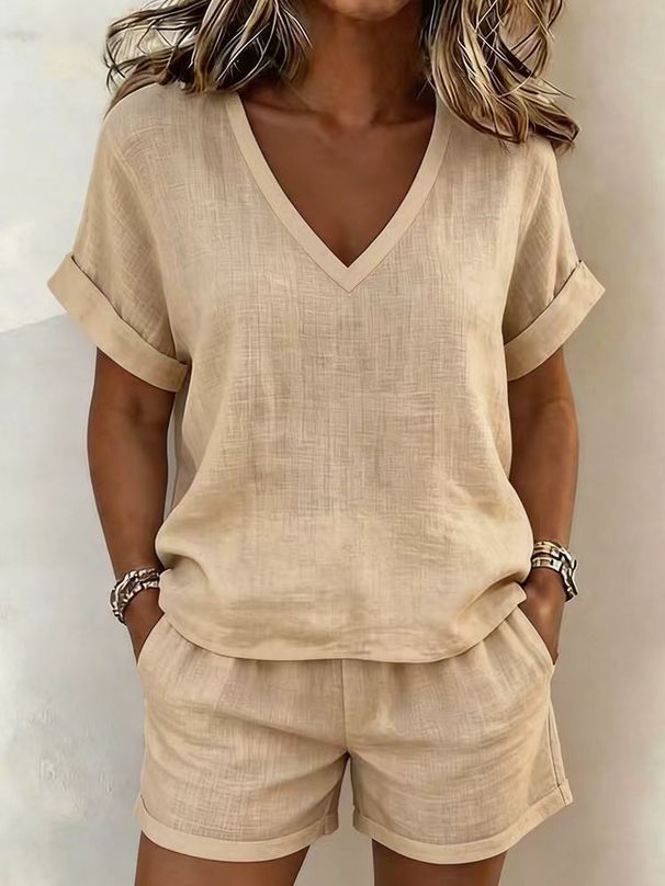 Summer Collection Solid Color V Neck Loose Casual Cotton Linen Set Short Sleeve Top And Shorts Women's Clothing_ecoleips.com