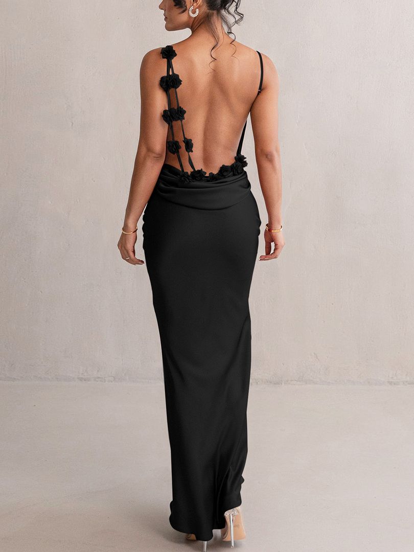 Hugcitar Elegant Satin Solid Slips Backless Tie Flowers Draped Sexy Slim Maxi Dress Spring Women Y2K Clothes Birthday Vacation_ecoleips.com