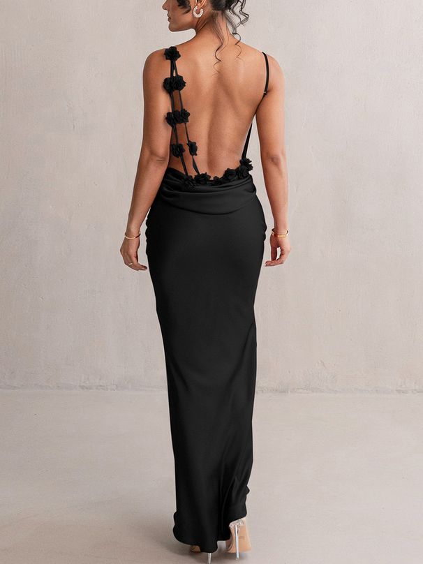 Hugcitar Elegant Satin Solid Slips Backless Tie Flowers Draped Sexy Slim Maxi Dress Spring Women Y2K Clothes Birthday Vacation_ecoleips.com
