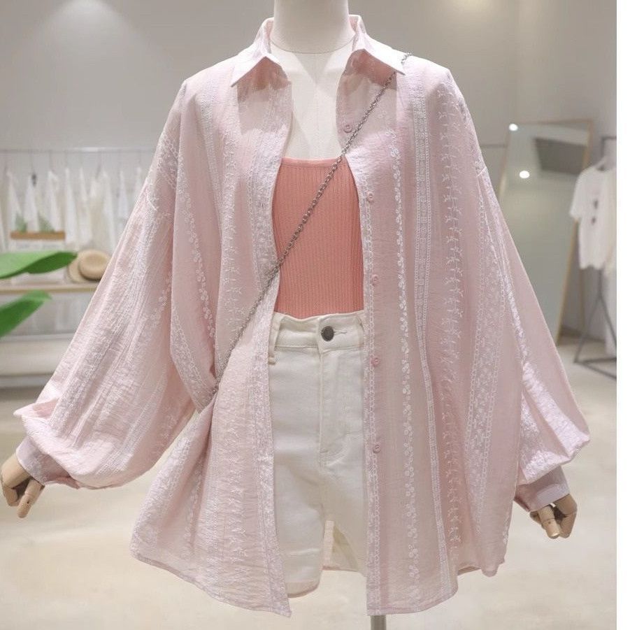 Embroidered Lace Shirt Texture Sense Sun Protection Shirt Women's Design Sense 2025 Loose Casual Shirt Long Sleeves On Sun Protection_ecoleips.com
