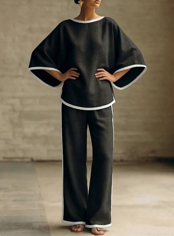 Women's Clothing Elegant Two Piece Set Round Neck Batwing Sleeve Cotton Linen New Style_ecoleips.com