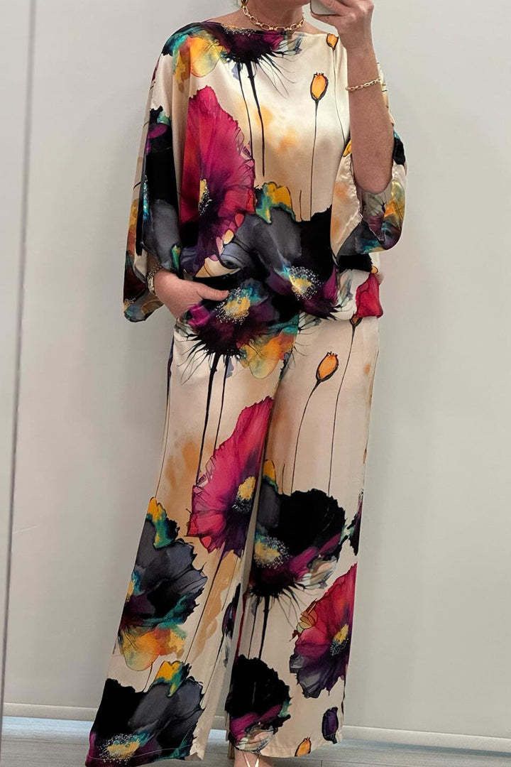 Summer And Autumn New Collection - Urban Elegance Ripped One-Neck Loose Printed Bat Sleeve Long Pants Set_ecoleips.com