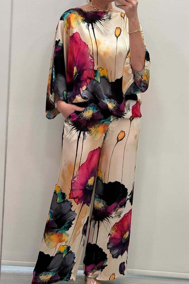 Summer And Autumn New Collection - Urban Elegance Ripped One-Neck Loose Printed Bat Sleeve Long Pants Set_ecoleips.com