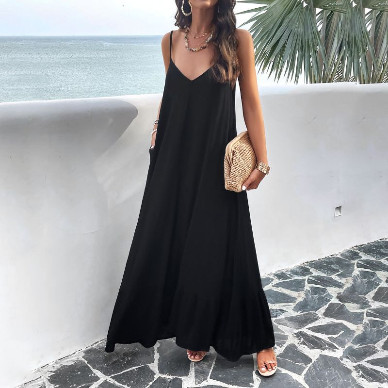 Women's Spring/Summer Elegant Solid Color Strap Dress_ecoleips.com