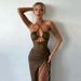 Women's Clothing Halter Neck Long Skirt Sexy Backless Slit Drawstring Slim Dress_ecoleips.com