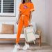 Women's Spring Summer Two Piece Set Round Neck Short Sleeve High Waisted Side Pocket Pants 3506Z32_ecoleips.com