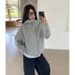 Gray Fleece-lined Thickened Sweatshirt For Women, Autumn/winter 2024, High-end American Retro Style, Hooded,_ecoleips.com
