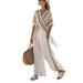 Relaxed Striped Lounge Set – Oversized V-Neck Top & Wide-Leg Pants (S-Xxxl, Soft Beige Polyester Matching Outfit)_ecoleips.com