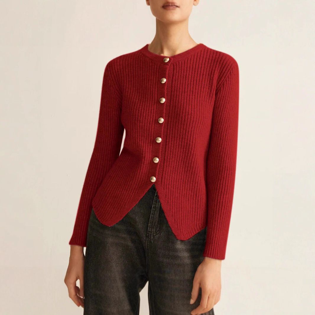 Women's Casual Cardigan Sweater – Soft Polar Fleece, Relaxed Fit, Round Neck Button-Up (Silver/Red), Xs-Xxl_ecoleips.com