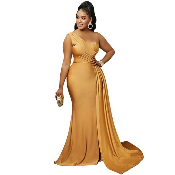 Elegant One-Shoulder Party Dress For Women - Stretchy Bodycon Long Dress With Ruffle Detail In Solid Colors_ecoleips.com
