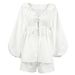 Verve 2025 New Cotton Linen White Lantern Sleeve V-neck Top And Shorts Set Summer Women's Two-piece Outfit_ecoleips.com