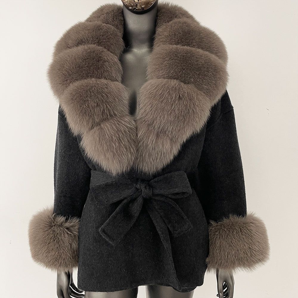 Luxury Double-Faced Wool Coat With Fox Fur Collar - Oversized Women's Winter Coat, Elegant Mid-Length Trench Coat For Casual & Office Wear_ecoleips.com