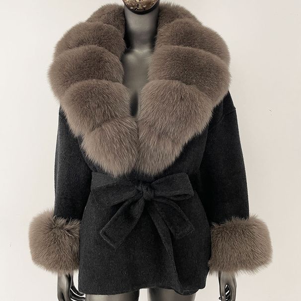 Luxury Double-Faced Wool Coat With Fox Fur Collar - Oversized Women's Winter Coat, Elegant Mid-Length Trench Coat For Casual & Office Wear_ecoleips.com