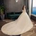 Champagne Lace Long Sleeve Wedding Dress With Cathedral Train, Plus Size Bridal Gown For Elegant Bride, Flowy A-Line Silhouette_ecoleips.com