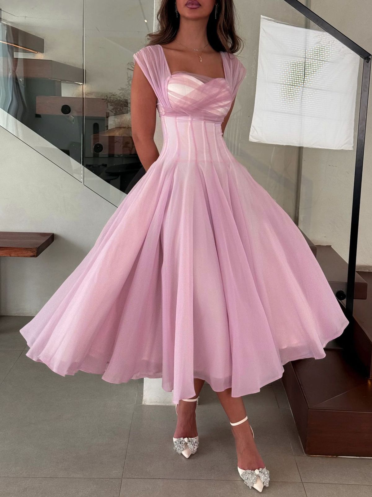 New Women's Summer Full Skirt Dress 2025 European American Style Waist Cinching Long French Gentle Temperament White Pink_ecoleips.com