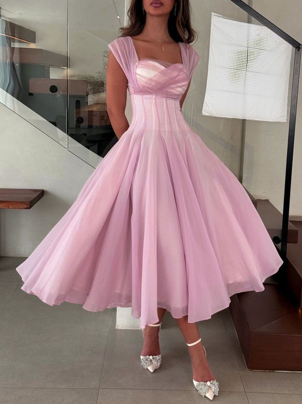 New Women's Summer Full Skirt Dress 2025 European American Style Waist Cinching Long French Gentle Temperament White Pink_ecoleips.com