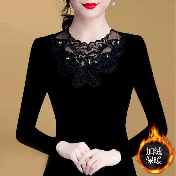Velvet And Thickened Long Johns For Women, Black Mesh Base Layer, Lace For Women, Fashionable, Slimming And Elegant Top_ecoleips.com
