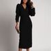 2024 New Autumn/Winter Solid Color Long Sleeve Elegant V-Neck Evening Dress With Slit_ecoleips.com