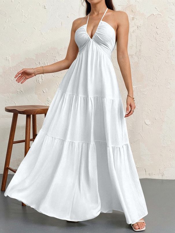 Women's V Neck Halter Solid Color Backless Flowy Maxi Dress – Casual Summer Resort Gown_ecoleips.com