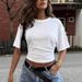2026 Summer Gathered Solid Color Crew Neck Slim Waist Women's Short Sleeve T Shirt_ecoleips.com