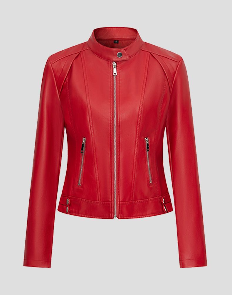Women's Red PU Leather Jacket – Stylish Stand Collar Short Coat, Trendy Biker & Streetwear Fashion For Spring & Fall_ecoleips.com