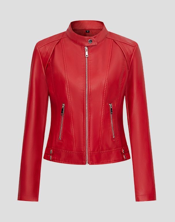 Women's Red PU Leather Jacket – Stylish Stand Collar Short Coat, Trendy Biker & Streetwear Fashion For Spring & Fall_ecoleips.com