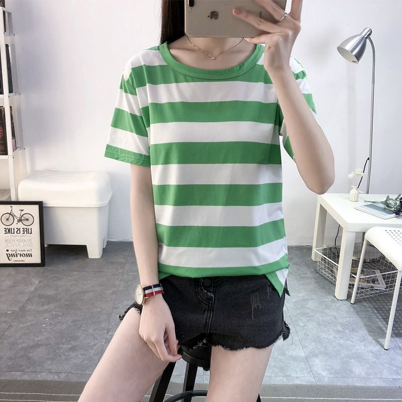 Summer Trendy Women's Short-sleeved Loose Pullover Split-ended T-shirt Colored Stripes_ecoleips.com