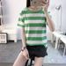 Summer Trendy Women's Short-sleeved Loose Pullover Split-ended T-shirt Colored Stripes_ecoleips.com