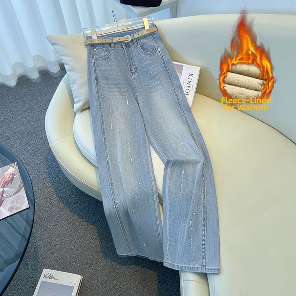 New Women's Rhinestone Studded Wide Leg Jeans Slim Fit Comfortable Height Enhancing Straight Leg Pants For Spring Autumn_ecoleips.com