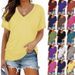 Women's V Neck Short Sleeve T-Shirt Solid Color European American Style Top For Women_ecoleips.com
