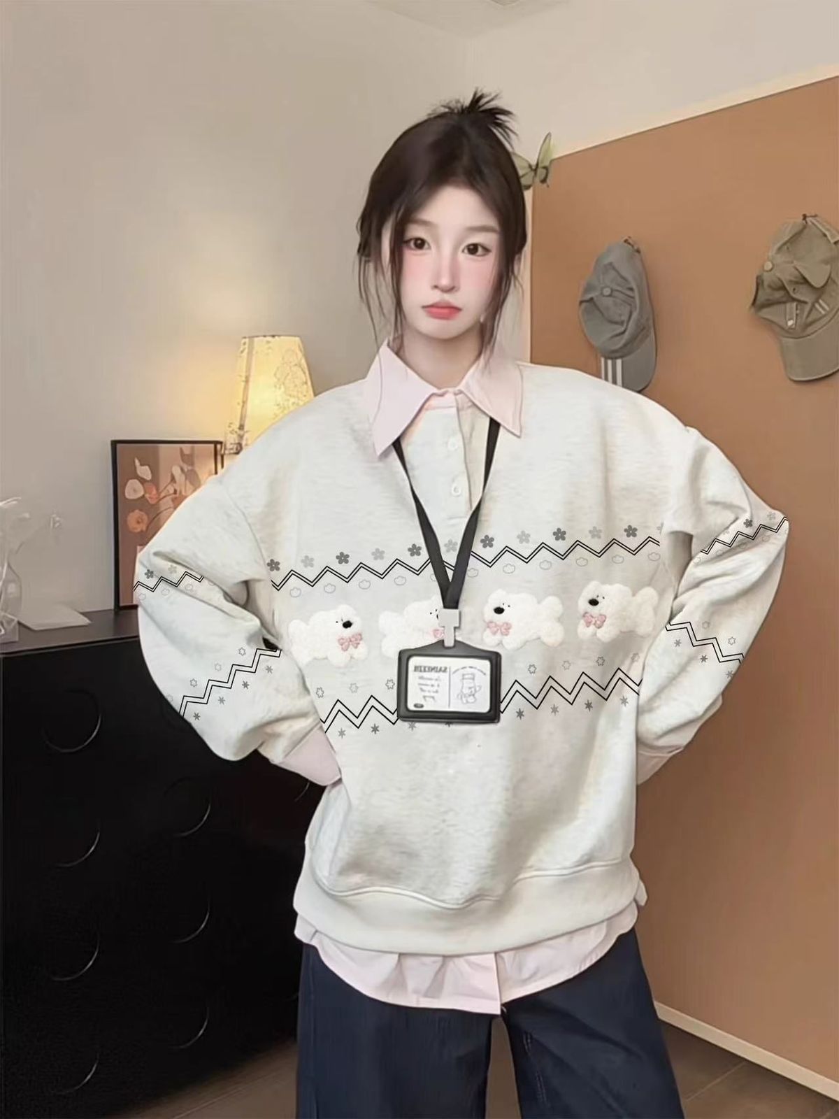 Fair Isle Puppy Polo Collar Sweatshirt Women, Loose-fitting, Two-piece, Thin Top, Trendy Sweatshirt, High-end_ecoleips.com