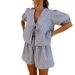 2024 New European And American Women's Clothing Plaid Striped Cuff Casual Fashion Tie Elastic Waist Shorts Set_ecoleips.com