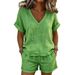 Women's V Neck Short Sleeve Elastic Shorts Set Casual Solid Color Two Piece Clothing American Style New_ecoleips.com