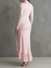 Women MockNeck Long Sleeve Lace Panel Pink Ruffle Slit Mermaid Maxi Dress Elegant Formal Summer Romantic Wedding Guest Slim Dres_ecoleips.com