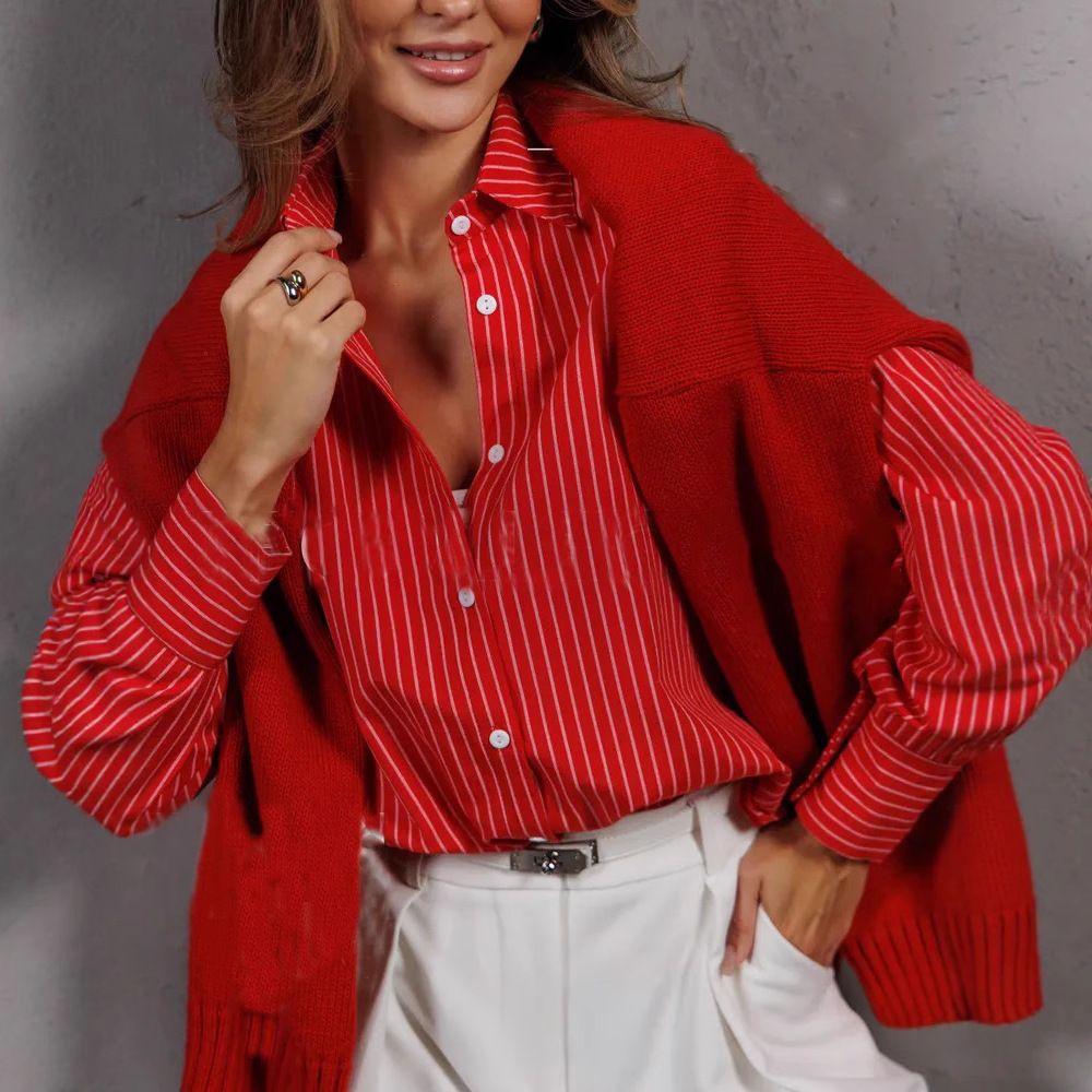Women's Loose plus Size Striped Shirt Casual Long Sleeve Work Blouse European American Style Spring Autumn Fashion Office Lady_ecoleips.com