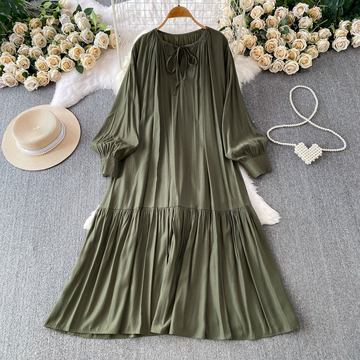 plus Size Women's Tie Neck Lantern Sleeve Dress Loose Fit Hides Tummy Slimming Pleated Long Dress for Summer Commuting_ecoleips.com