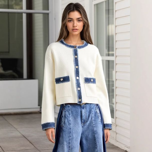 Elegance Women's Long Sleeved Short Jacket Autumn Fashion Furry Denim Color Block Trim_ecoleips.com