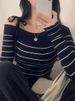 2026 New Women's Elegant Off-Shoulder Sweater T-Shirt Black White Striped With Adjustable Lace-Up Fall Winter Casual Chic Top_ecoleips.com