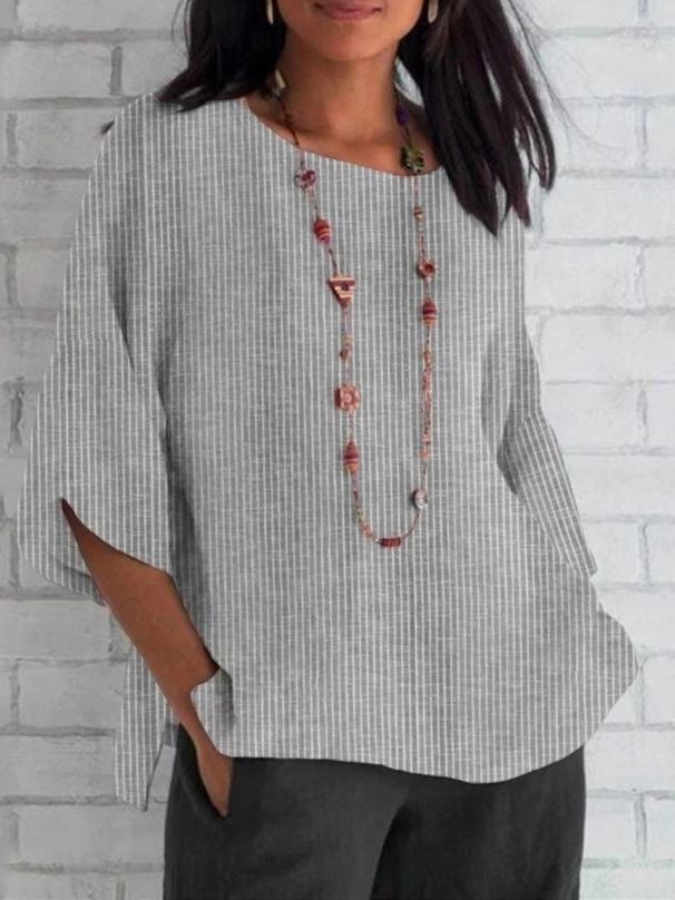 Women's Clothing Spring And Summer Round Neck Cotton And Linen Solid Color Loose Tops T Shirts_ecoleips.com