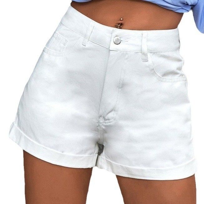 Women's High-Waisted Denim Shorts Versatile Solid Color Summer Shorts From Rolled Up Bottoms_ecoleips.com
