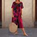 Summer Casual Printed Dress Women's Round Neck Short Sleeve Waist Cinching Loose Beach Maxi Fashion_ecoleips.com