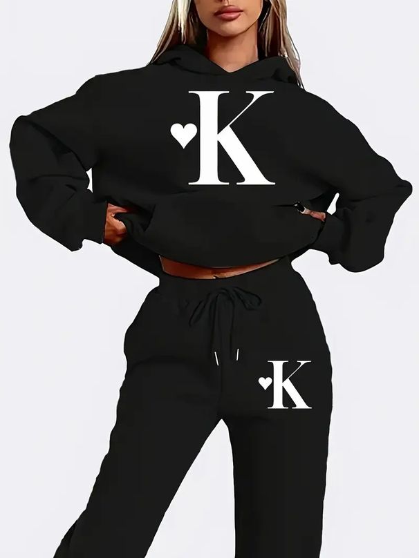 Women's Letter Print Sweatshirt Set, Long Sleeve Pullover Top And Pants, Casual Two Piece_ecoleips.com