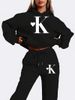Women's Letter Print Sweatshirt Set, Long Sleeve Pullover Top And Pants, Casual Two Piece_ecoleips.com