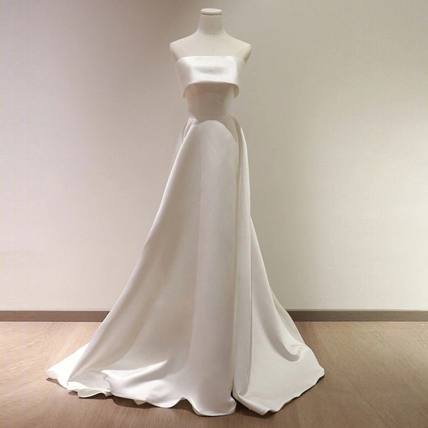 Women's Clothing Strapless Light Wedding Dress Simple Satin Wedding Main Dress Bride Thank You Banquet Welcome Out Dress White Small Tail Dress_ecoleips.com