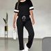 Trendy Contrast-Stripe Lounge Set – Women's Short-Sleeve T-Shirt & Elastic Waist Pants (S-XXL) | Breathable Cotton Blend Two-Piece Outfit_ecoleips.com