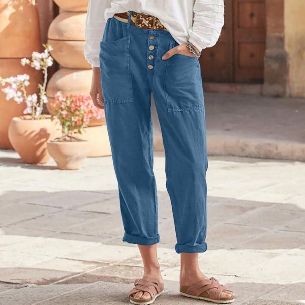 Women's Clothing new casual pants buttoned cotton and linen loose casual pants_ecoleips.com