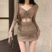 Pure Desire For Design Sense, Hollow Out Pleated Drawstring Hanging Neck Dress, Female Sexy Temperament, Slim Fit Waist Bag, Hip Short Skirt_ecoleips.com