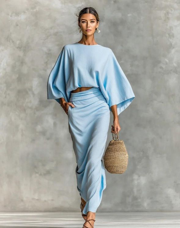Women's Clothing European And American Style High Waisted Midi Skirt Suit For Women Round Neck Long Sleeved Loose Top Autumn New Commuting_ecoleips.com