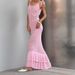 Sexy Off Shoulder Bow Tie Up Suspender Dress Elegant Sleeveless Hollow Slim Knitted Dress Fashion Ruffle Edge Solid Long Dress_ecoleips.com
